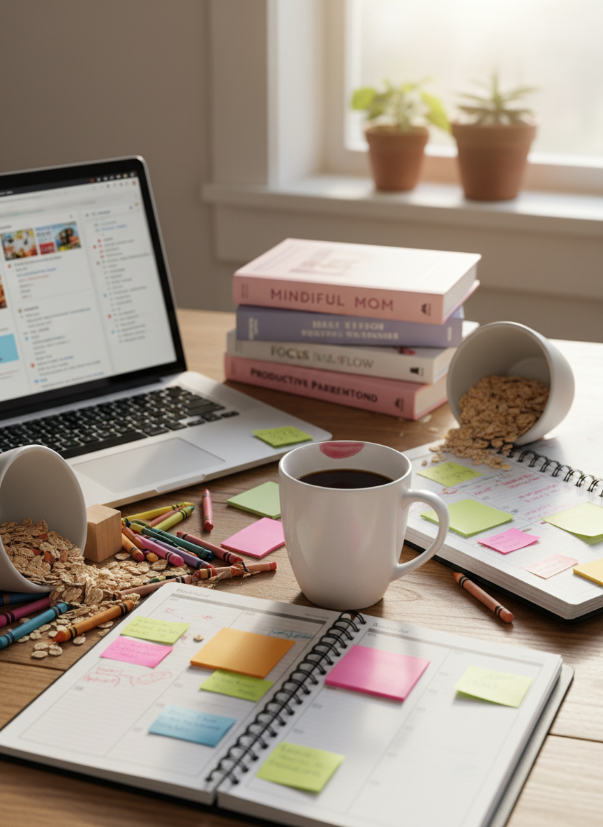 A cluttered yet cozy kitchen table covered in open planners, colorful sticky notes, a half-drunk pristine white ceramic coffee mug with lipstick smudges on the rim, and a laptop with multiple browser tabs visible on the screen. Crayons, toy blocks, and a spilled cereal bowl are scattered to one side, while a small stack of self-help books about focus and productivity leans precariously. Soft morning sunlight pours through a nearby window, casting warm, diffused highlights on the wooden tabletop and gentle shadows under each object. Photographic realism, shot at eye level with a shallow depth of field, keeping the coffee mug and chaotic workspace sharply in focus while the rest blurs slightly, creating a playful yet overwhelmed atmosphere that embodies ADHD motherhood.