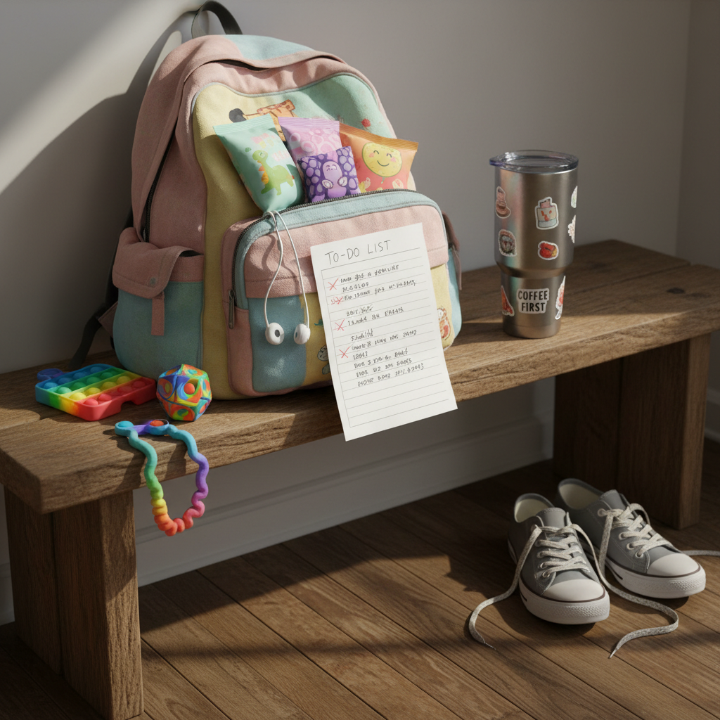 A worn, oversized pastel-colored backpack unzipped on a rustic wooden entryway bench, overflowing with mismatched snack pouches, a tangled set of headphones, a crumpled to-do list, and brightly patterned fidget toys. Nearby, a stainless steel travel coffee tumbler with tiny caffeine-themed stickers leans against a loosely tied pair of sneakers. Soft, indirect afternoon light filters in from an unseen window, giving a gentle glow to the scuffed floor and casting faint, elongated shadows. Photographic realism, captured from a slightly elevated angle with balanced focus across the scene. The mood is relatable, playful, and slightly chaotic, visually conveying the everyday scramble of an ADHD mom trying to get out the door while keeping everything (mostly) together.