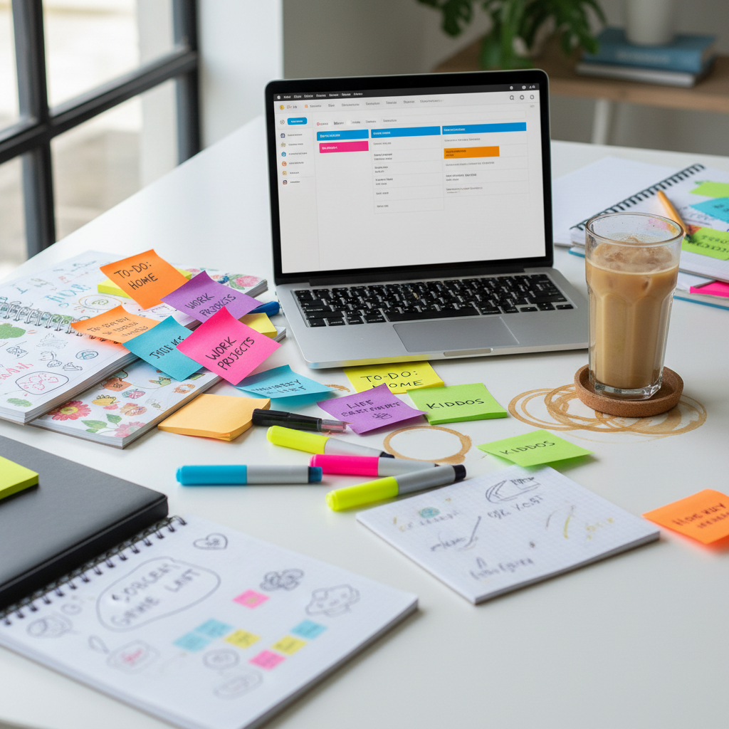 A modern white desk with a smooth matte surface, overwhelmed by an explosion of color-coded sticky notes arranged in rough clusters, highlighters without caps, and three different open notebooks, each filled with half-finished lists and doodles. At the center sits a sleek laptop displaying an open calendar filled with overlapping reminders. Beside it, a large glass iced coffee with condensation beads rests on a coaster surrounded by coffee ring stains. Cool daylight from a nearby window illuminates the desk, creating crisp reflections on the laptop and subtle shadows behind the stationery. Photographic realism with a slightly top-down angle and shallow depth of field that keeps the central chaos in focus while the edges soften. The mood is energetic, playful, and mentally buzzing, capturing the multitasking brain of ADHD motherhood.